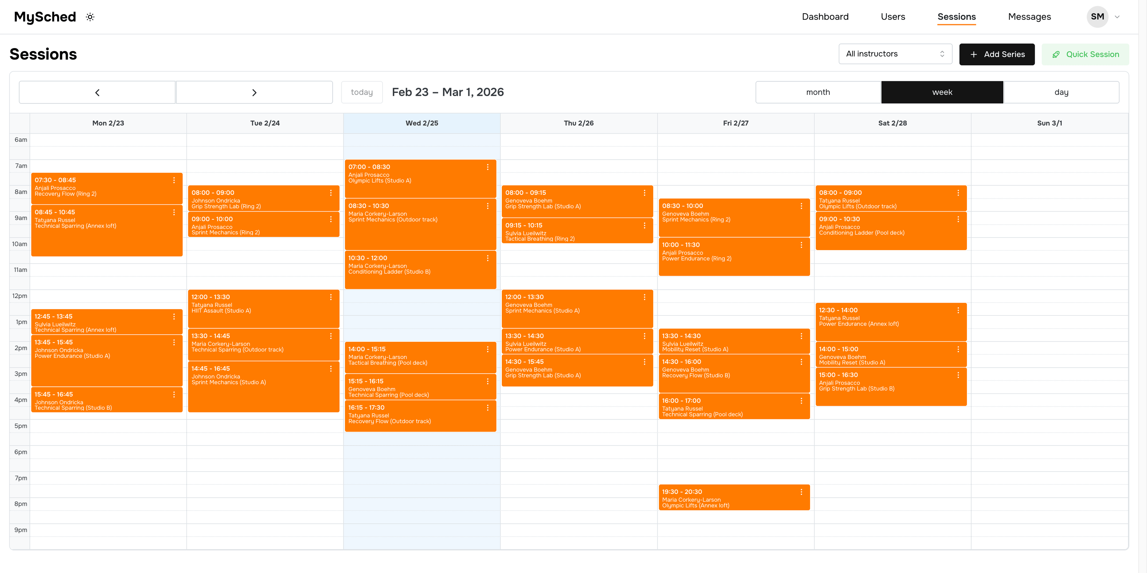 MySched calendar interface showing multi-employee schedule