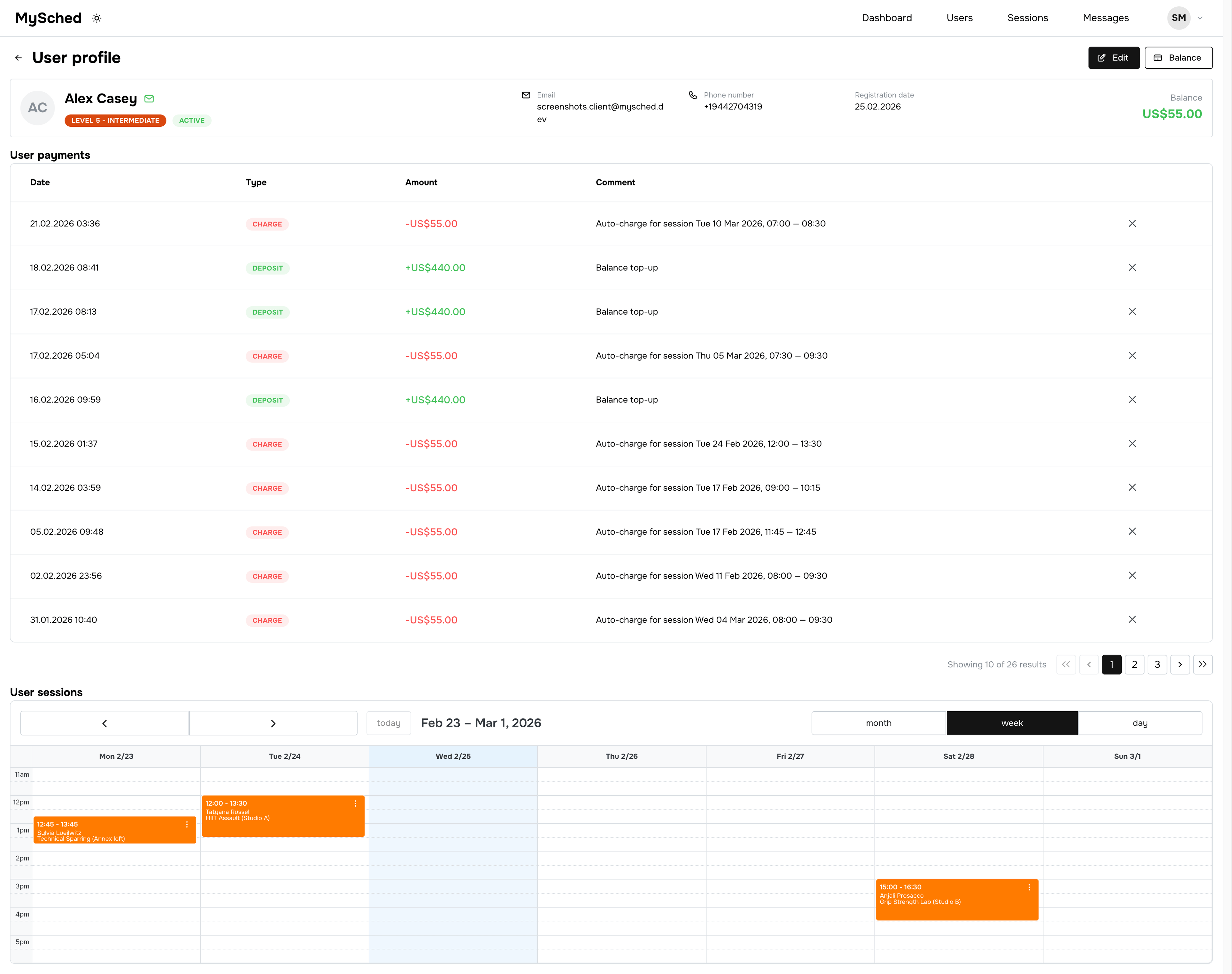 Client balance and transaction history