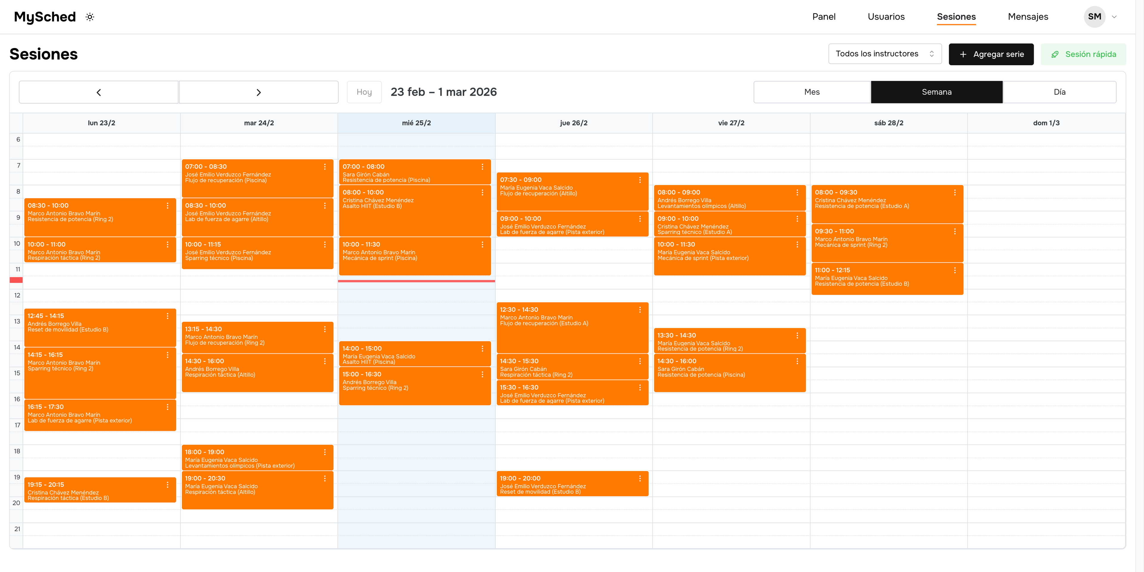 Interfaz de calendario MySched mostrando el horario multi-equipo