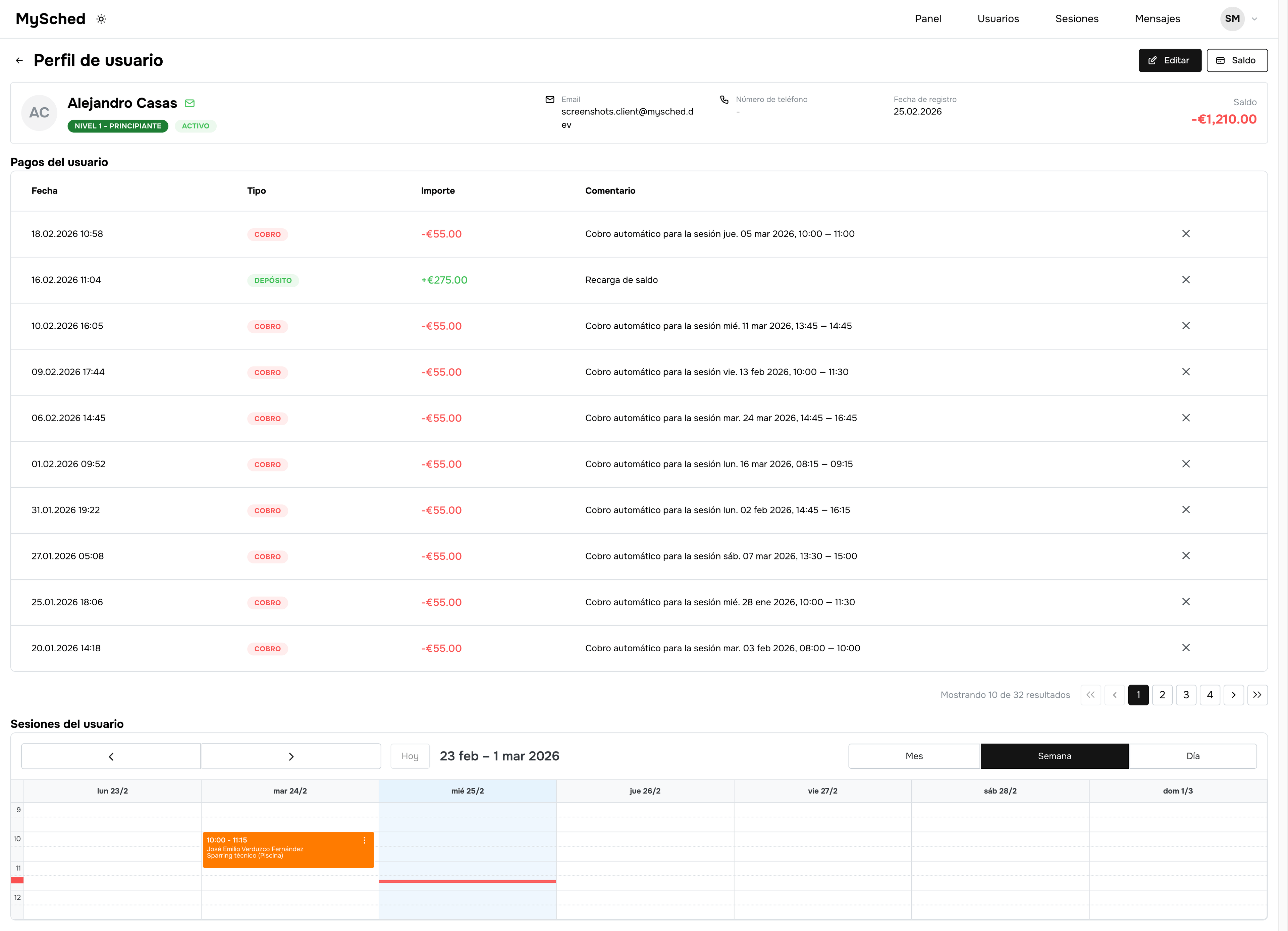 Saldo del cliente e historial de transacciones