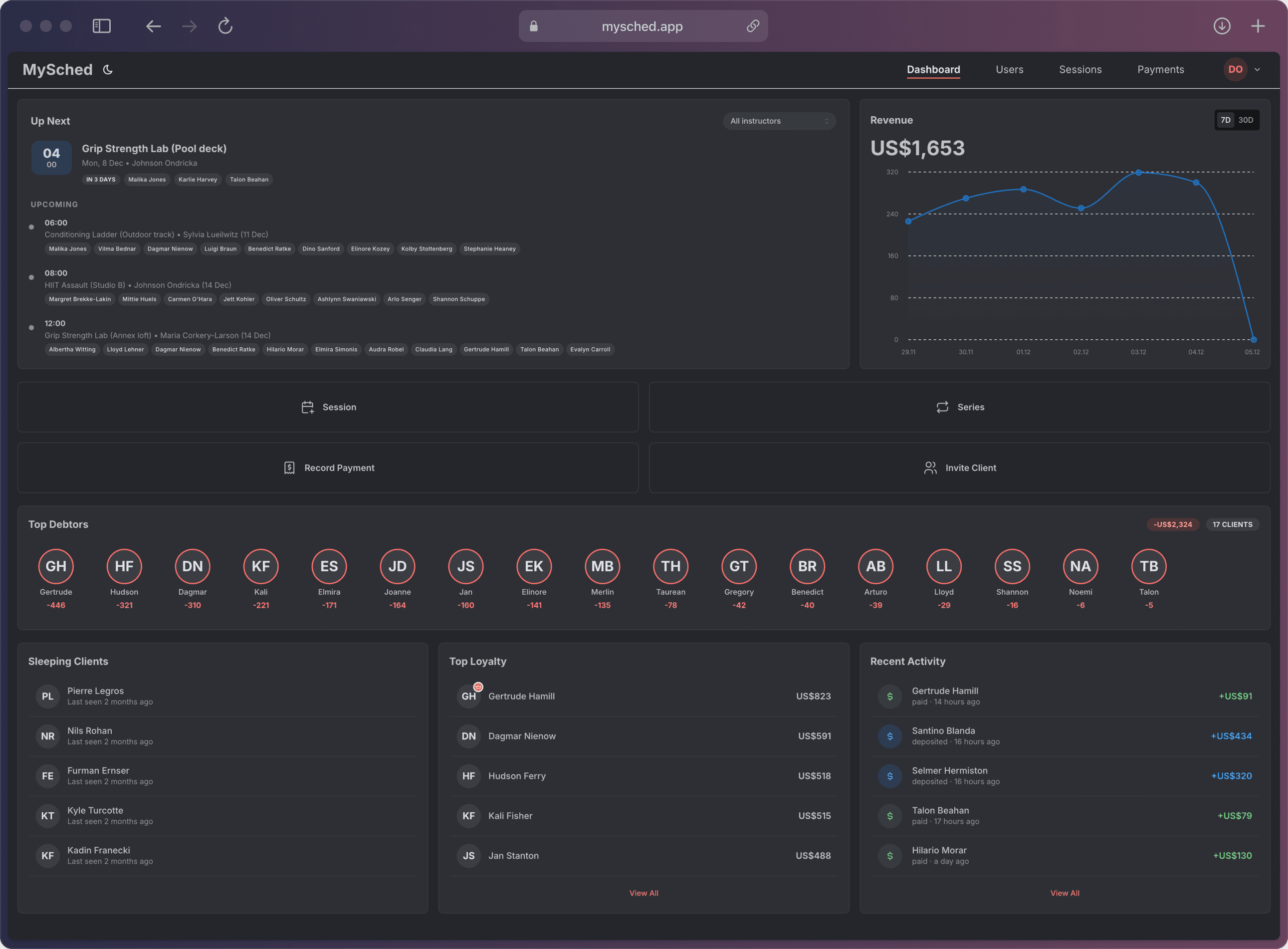 MySched dashboard showing calendar, sessions, and client management