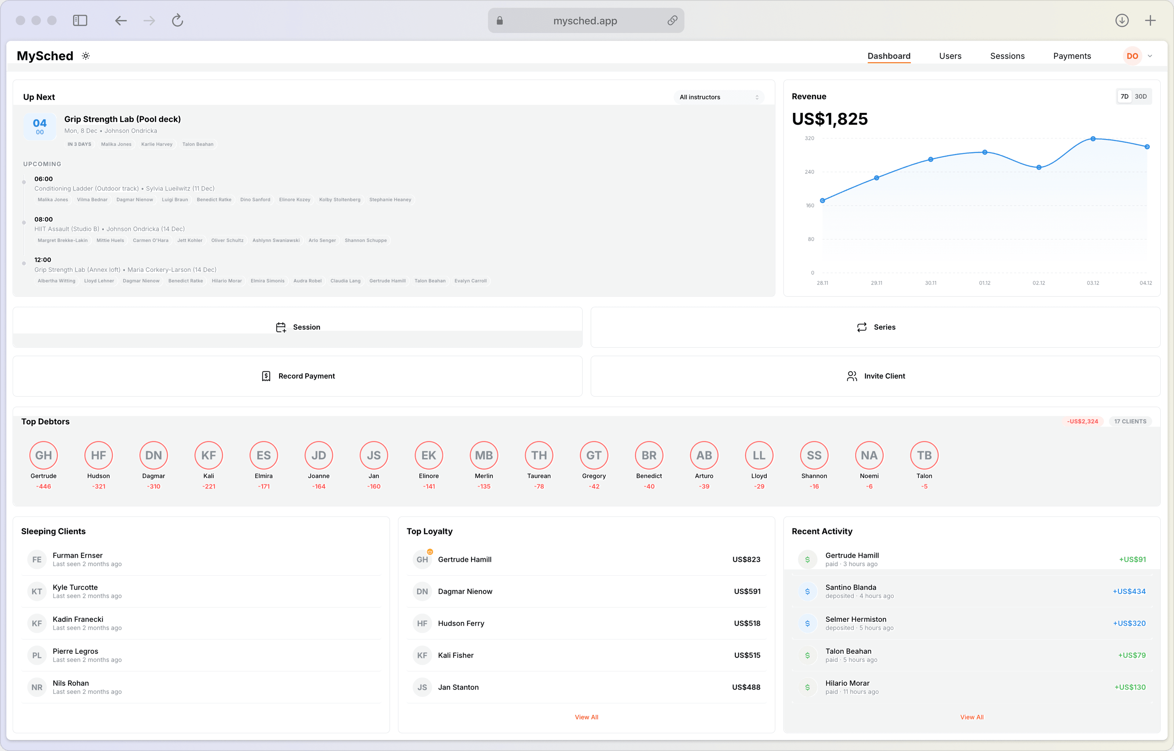 MySched dashboard showing calendar, sessions, and client management