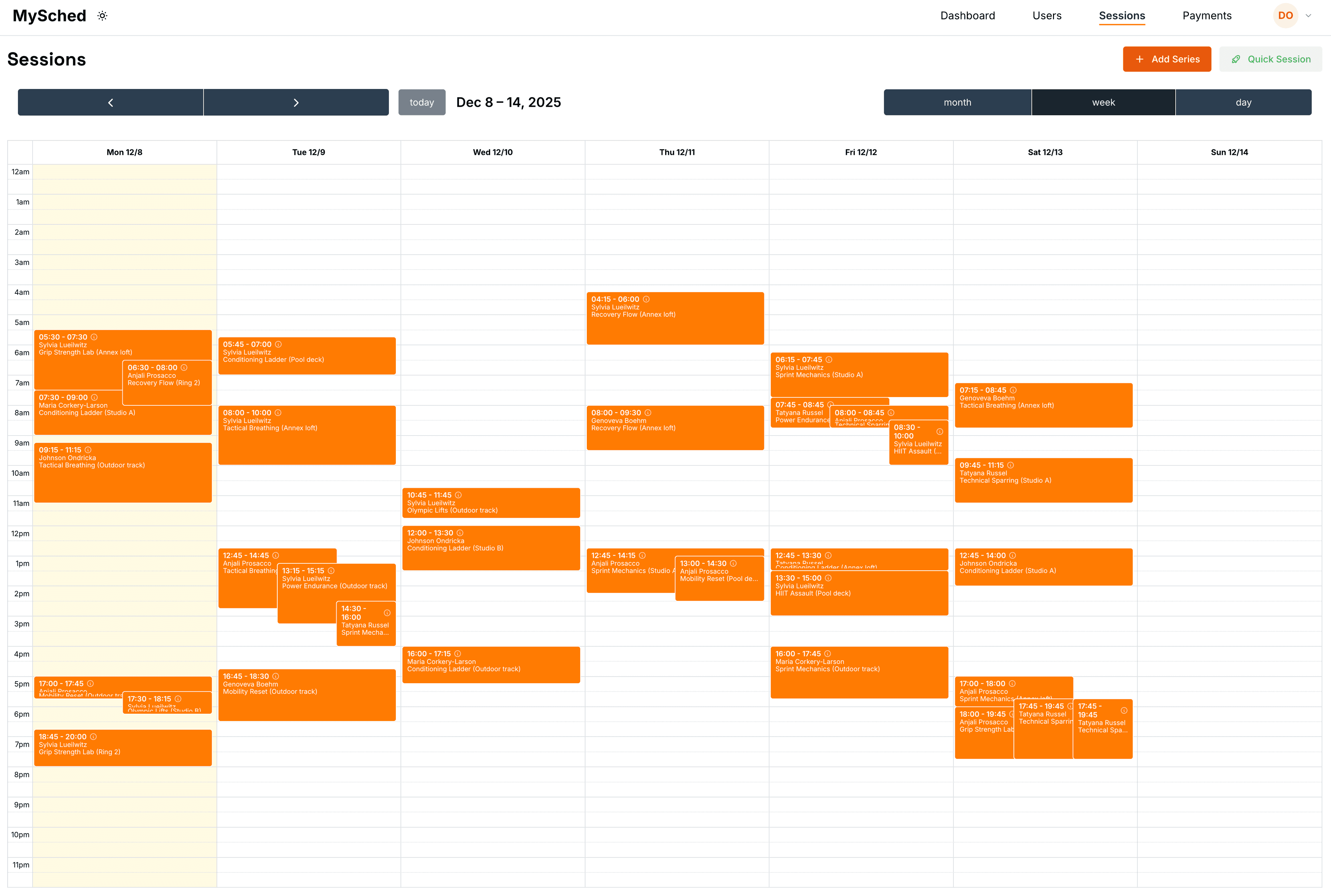 MySched calendar interface showing multi-employee schedule