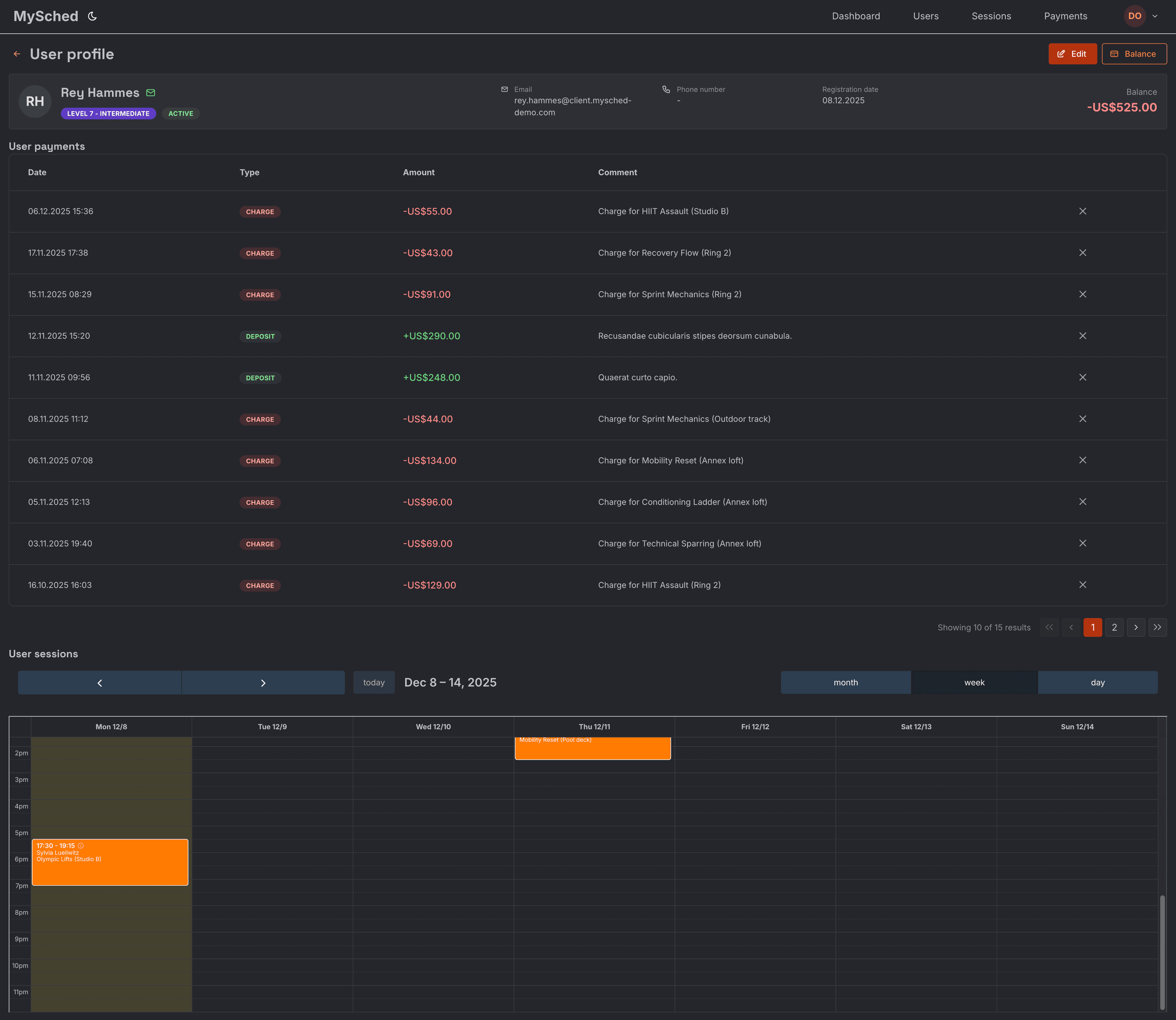 Client balance and transaction history