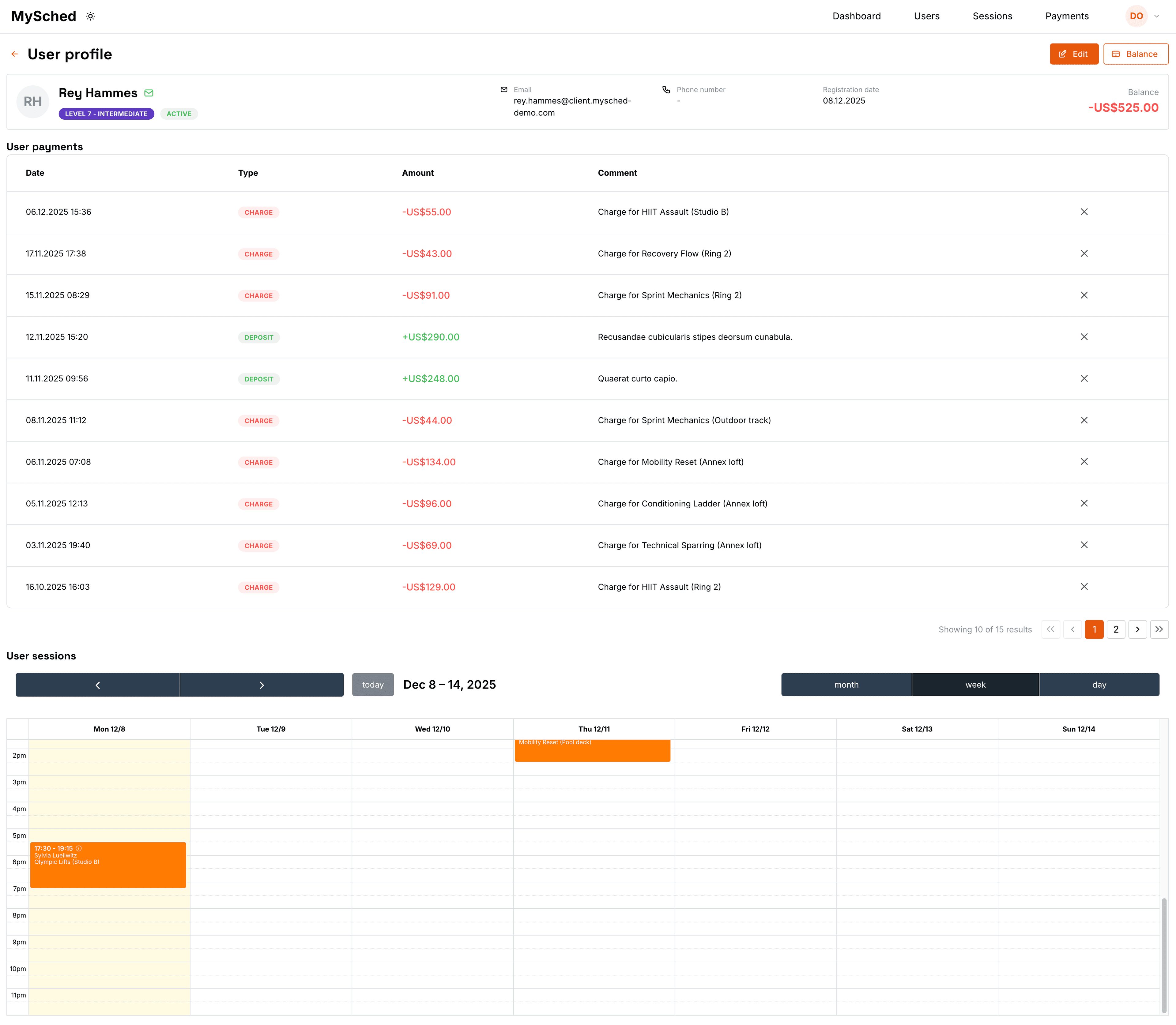 Client balance and transaction history