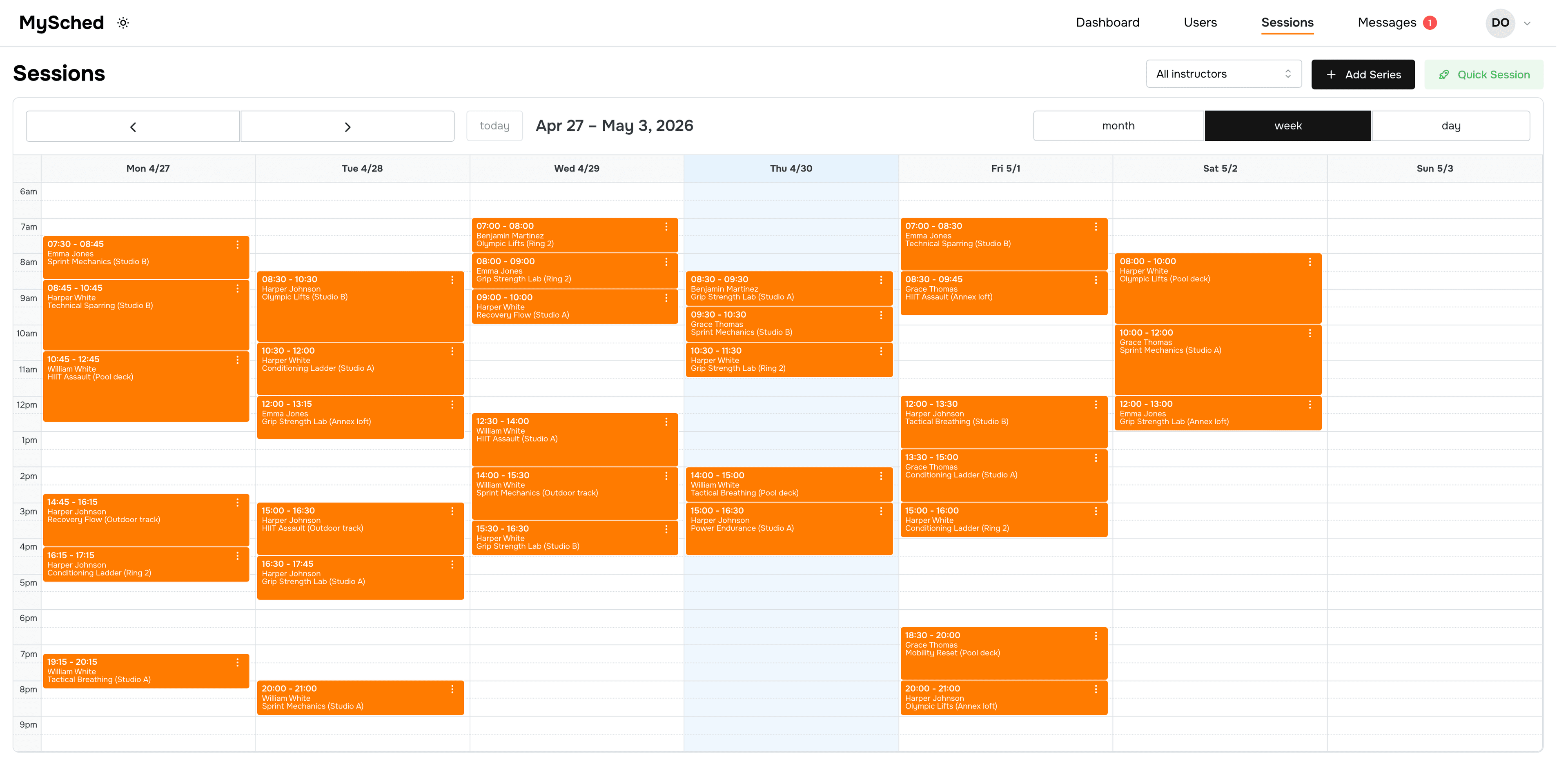 MySched calendar interface showing multi-employee schedule