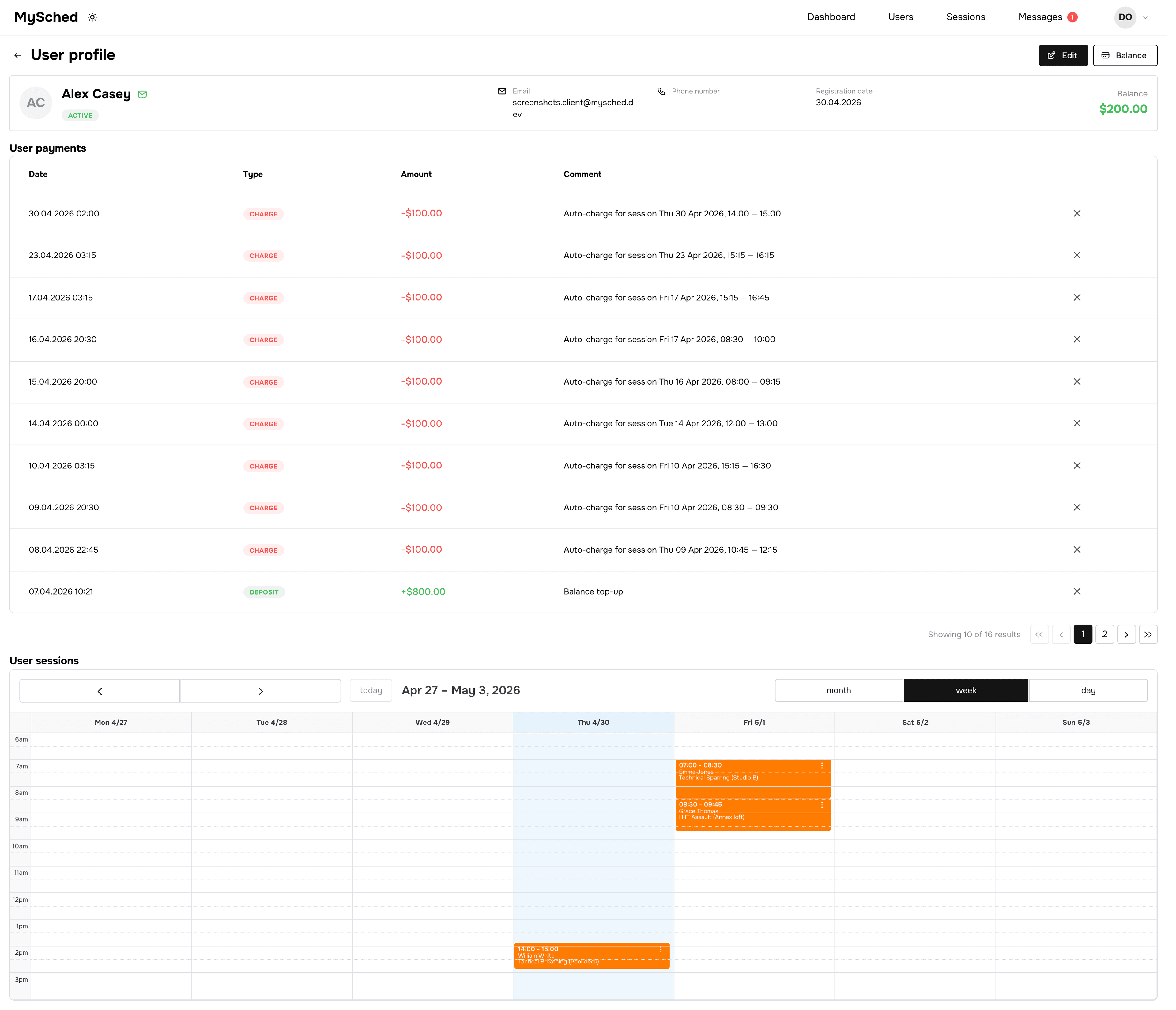 Client balance and transaction history